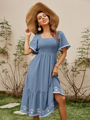 Glamaker Women's Short Sleeve Smocked Square Neck A Line Summer Flowy Maxi Long Dress - color: 01-grey Blue, size: Large