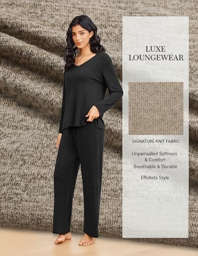 Ekouaer Fall Pajamas for Women Set Long Sleeve V Neck 2 Piece Lounge Sets - color: Black, size: Large