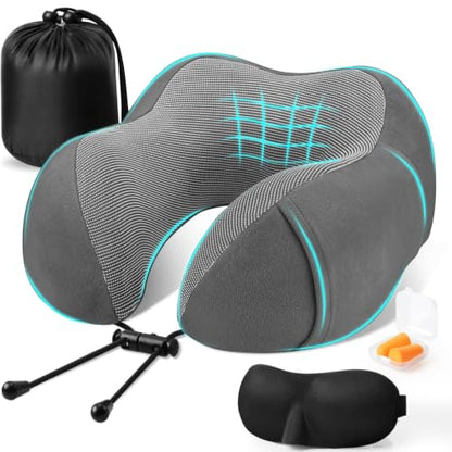 CloudBliss Neck Pillow for Airplanes, Memory Foam Travel Pillow, Grey - color: Dark Grey
