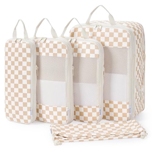 Narwey Compression Packing Cubes for Travel, Cute Luggage Organizer Bags - color: ZZ-Light Checkerboard