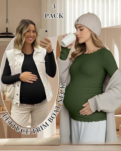 3 Pack Women's Maternity Cotton Shirts Long Sleeve - color: Coffee, Army Green, Black, size: Medium