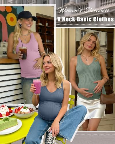 3 Pack Maternity Tank Tops Ribbed V Neck - color: Haze Blue, Pink, Gray Green, size: Medium