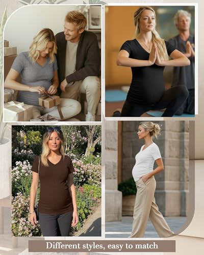 Neer 4 Pack Women's Maternity Shirts Short Sleeve - color: Black, Light Heather Gray, White, Coffee, size: Medium