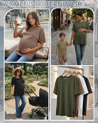 Riyiper 4 Pack Women's Short Sleeve Maternity T Shirts - color: Black, White, Coffee, Army Green, size: Medium