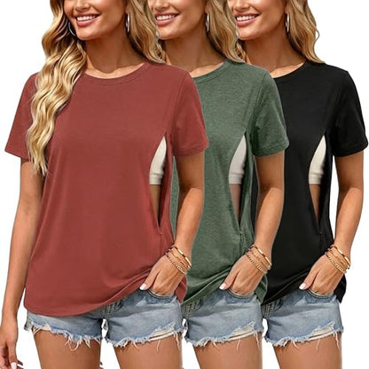 Ecavus 3 Pack Nursing Shirts for Breastfeeding, Hidden Zippers Nursing Tops - color: Black/Heather Green/Red Wood, size: Medium