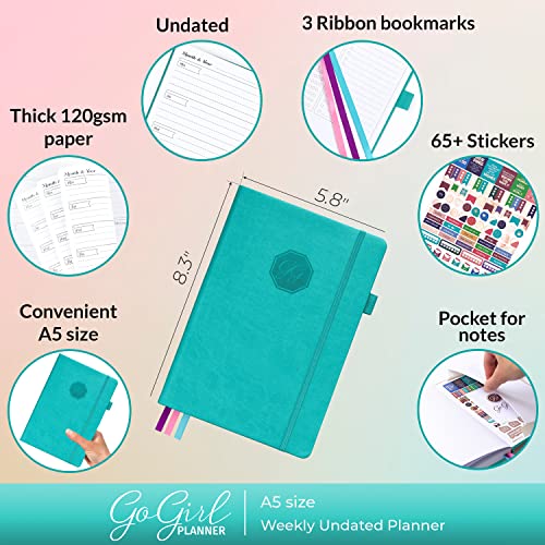 GoGirl Planner for Women, Undated Weekly Agenda Journal, Turquoise - color: Turquoise, size: A5 (5.8'' x 8.3'')