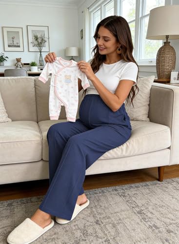 BLENCOT Women's Maternity Pants Work Adjustable Waisted Wide Leg Waffle Knit Trousers Pregnancy Clothes with Pockets - color: Blue, size: Small