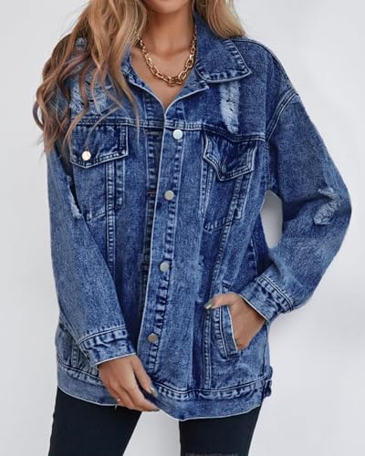 LifeShe Women's oversized Jean Jacket distressed denim Coat with Pockets - color: Deep Blue, size: X-Large