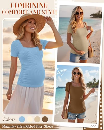 Huukeay 4 Pack Women's Short Sleeve Maternity Shirts - color: Light Khaki, Dark Khaki, Cream, Light Blue, size: Medium