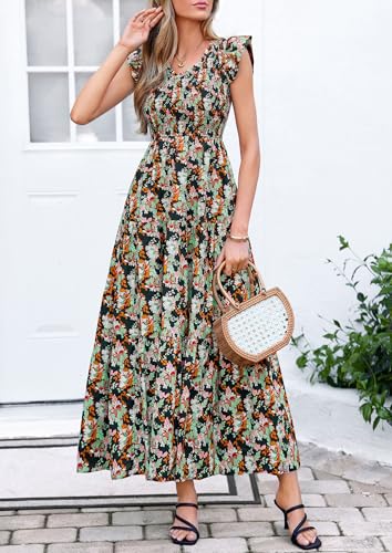 PRETTYGARDEN Women's Smocked Boho Floral Maxi Dress - color: Black, size: X-Large