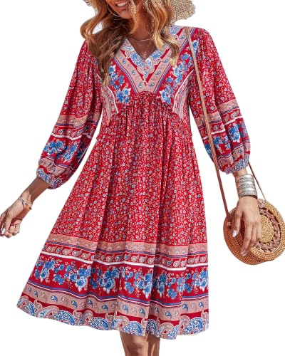 BTFBM Women's Casual Floral Long Sleeve Mini Dress - color: Floral Blue Red, size: Medium
