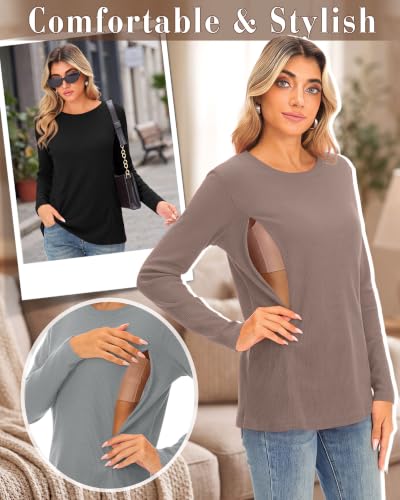 Locoowai 4 Pack Nursing Tops Waffle Knit Long Sleeve Shirts - color: Army Green, Light Brown, Light Gray, Black, size: Medium