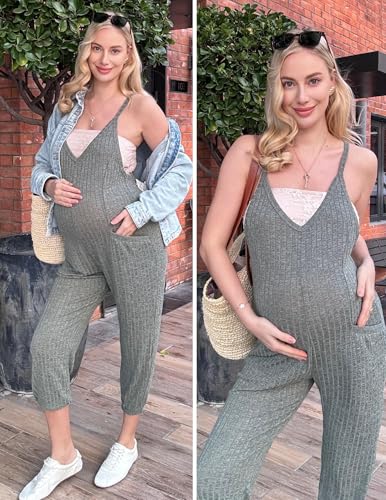 Jumpsuits for Women Summer V Neck Casual Overall Sleeveless with Pockets - color: Light Gray, size: Medium
