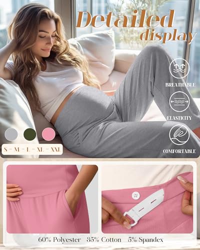 3 Pack Women's Maternity Lounge Pants with Pockets - color: Light Gray, Olive Green, Rose Pink, size: Large