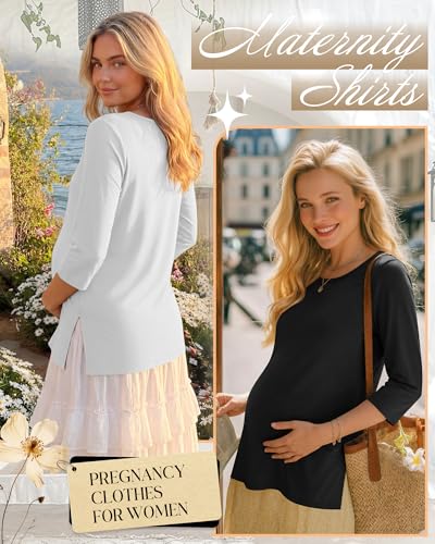 3 Pack Women's 3/4 Sleeve Maternity Loose Crewneck Tops - color: Coffee, White, Black, size: Medium