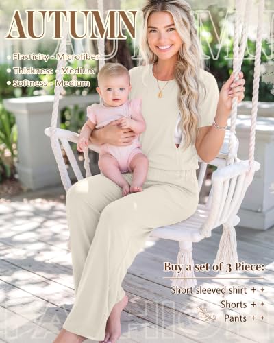3 Piece Postpartum Nursing Pajamas Set Nursing Lounge Set - color: Beige, size: XX-Large