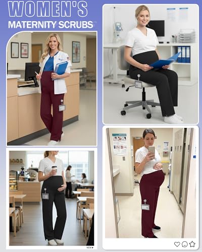 2 Pack Womens Maternity Pants Scrub with 6 Pockets - color: Black, Dark Red, size: Medium