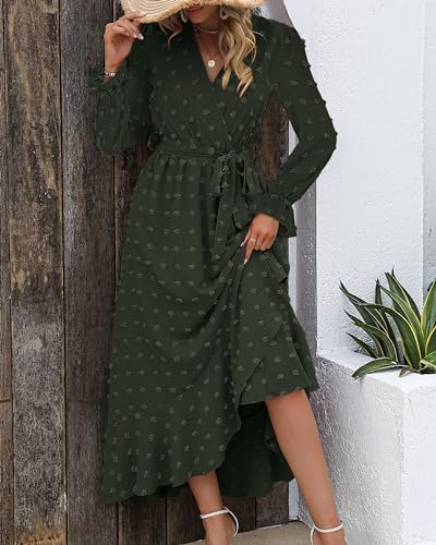 BTFBM Long Sleeve Maxi Dresses for Women Summer - color: Army Green, size: Large