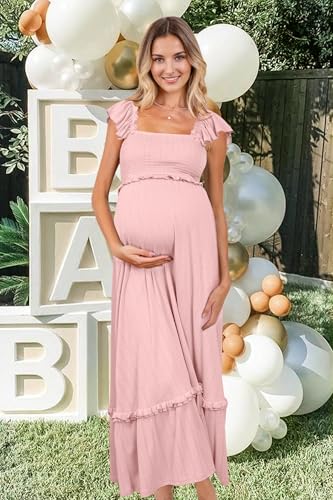 OUGES Women's Ruffle Sleeve Summer Baby Shower Maternity Photoshoot Dress - color: Pink, size: XX-Large