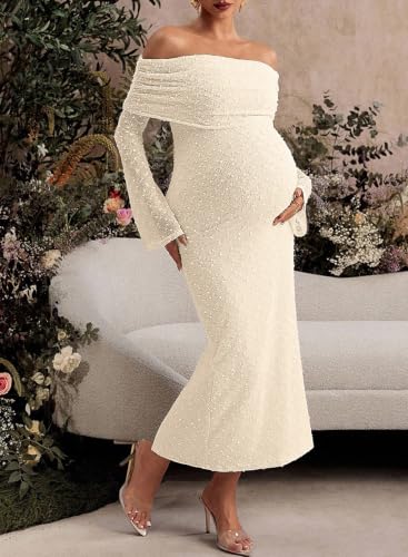 BLENCOT Womens Off Shoulder Flare Sleeve Split Bodycon Maternity Dress - color: Apricot, size: XX-Large