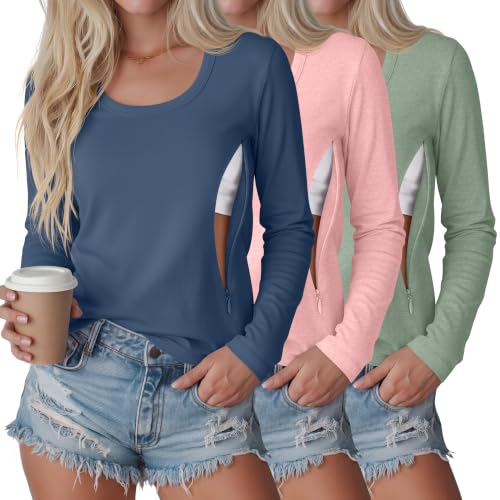 3 Pack Women's Long Sleeve Nursing Tops - color: Haze Blue, Pink, Light Green, size: Medium