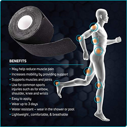Care Science Waterproof Black Kinesiology Tape, 40 Precut Strips, 2 Rolls - color: Black Precut