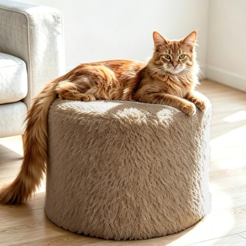 LPMOERA Round Portable Storage Ottoman Pouf, Faux Fur Foot Rest Stool Camel - color: Camel
