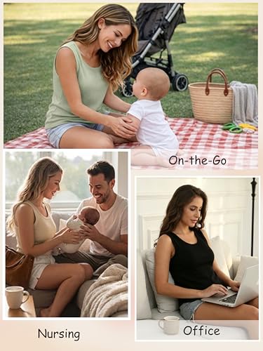 Ecavus Nursing Tank Tops for Breastfeeding, Ribbed Shirt with Hidden Zipper - color: Black+green+apricot, size: Small