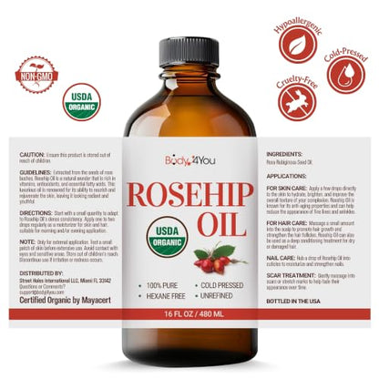 BodyJ4You Rosehip Seed Oil for Face Skin - USDA Organic Cold Pressed Pure - size: 16 Fl Oz (Pack of 1)