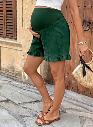 BLENCOT Maternity Shorts Over Belly Ruffle Hem Pregnancy Clothes - color: Blackish Green, size: Large