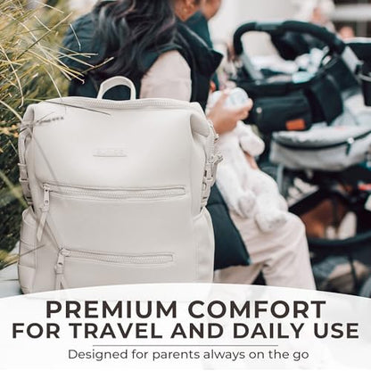 BUNSO Baby Neoprene Minimalist Backpack Diaper Bag with Pouch, Changing Pad, and Stroller Straps, Water Resistant and Lightweight, Cream - color: Cream