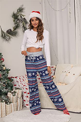 iChunhua Women's Comfy Stretch Floral Print Drawstring Palazzo Wide Leg Lounge Pant - color: Blue Snowflake, size: Small