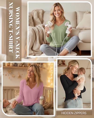 Huukeay 3 Pack Maternity Nursing Tops Breastfeeding Shirts - color: Black, Light Green, Pink, size: Medium