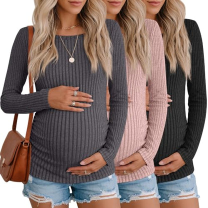3 Pack Maternity Sweaters Long Sleeve Pregnancy Tops - color: Dark Gray, Pink, Black, size: Large