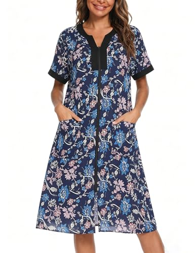 YOZLY House Dresses for Women Zipper Front Housecoat Lightweight Duster Robe with Pockets - color: Dark Blue, size: Medium