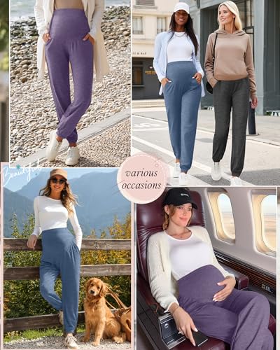 3 Pack Women's Maternity Jogger Pregnancy Sweatpants - color: Purple, Smoke Blue, Dark Gray, size: Small