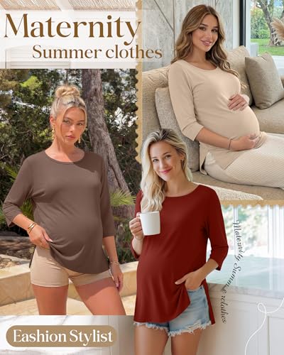 3 Pack Women's 3/4 Sleeve Maternity Loose Crewneck Tops - color: Coffee, Red, Beige, size: Small
