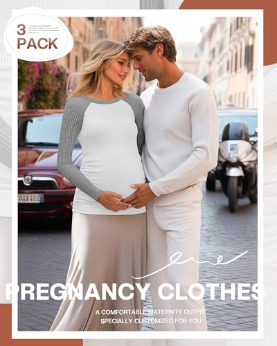 Neer 3 Pack Maternity Long Sleeve Shirts Ribbed Pregnancy Tops - color: Dark Gray, Light Heather Gray, White, size: Medium