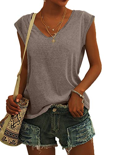 Langwyqu Womens' Cap Sleeve Tees Casual Loose Fit Basic Shirts Tank Tops - color: 00- Gray&brown, size: Large