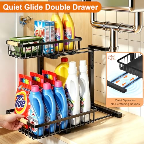 REALINN Under Sink Organizer, Adjustable 2 Tier Pull Out Kitchen Bathroom - color: Black, size: 1 Pack