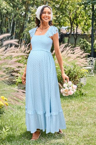 OUGES Women's Ruffle Sleeve Summer Baby Shower Maternity Photoshoot Dress - color: Light Blue Yellow Floral, size: Small