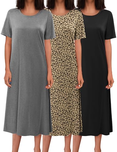 Ekouaer 3 Pack Long Nightgowns for Women Full Length Plus Size Nightshirt - color: Black,grey,leopard, size: 4X-Large