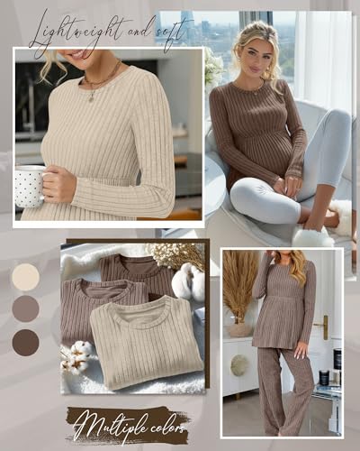 3 Pack Maternity Shirts Long Sleeve Ribbed Sweaters - color: Apricot, Coffee, Dark Camel, size: Small