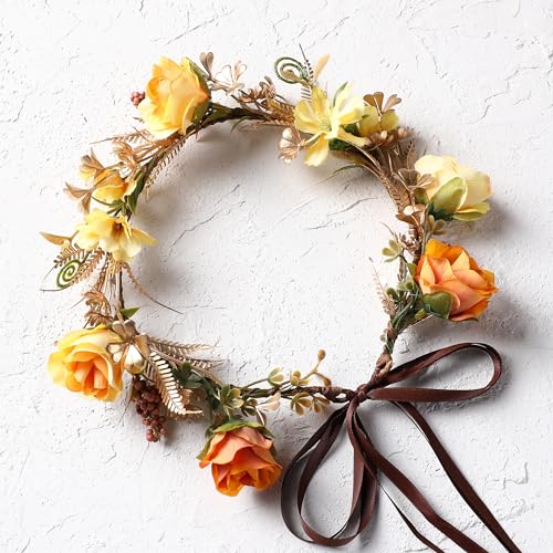 Fairy Rose Flower Crown, Autumn Yellow Flower Headband - color: Orange
