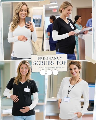 3 Pack Women Maternity Shirts Scrub Tops Side Ruched - color: White, White, White, size: X-Large