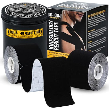 Bighorn Athletics Precut Kinesiology Tape with Tin, 40 Strips 2"×10", Black - color: Black