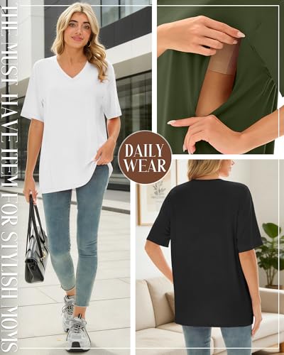 4 Pack Women's Oversize Nursing Tops - color: Army Green, Khaki, White, Black, size: Large