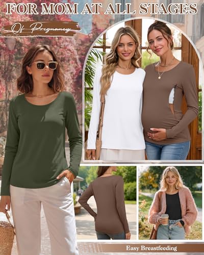 Oakgarden 4 Pack Women Cotton Nursing Tops for Breastfeeding - color: Army Green, Coffee, White, Black, size: Medium