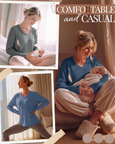 Huukeay 3 Pack Women's Waffle Knit Nursing Shirts - color: Light Blue, Light Gray, Haze Blue, size: Small
