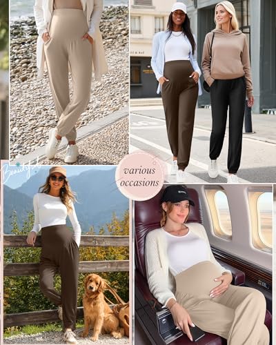3 Pack Women's Maternity Jogger Pregnancy Sweatpants - color: Light Camel,brown, Black, size: XX-Large